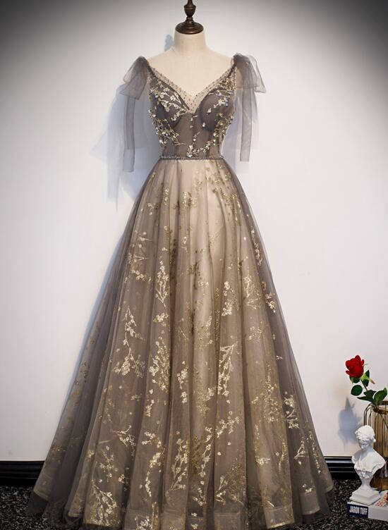 Gorgeous A-line V-neckline Long Party Dresses Prom Dresses, Pretty Lace Evening Dress